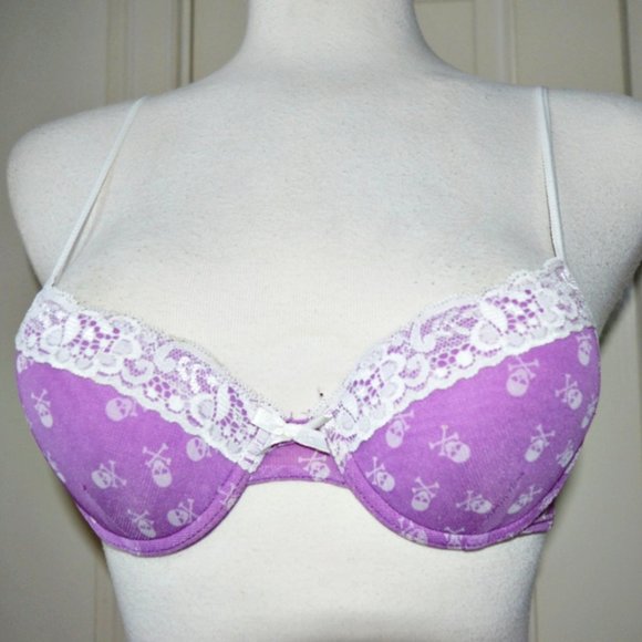 BRA SKULLS PATTERN & LACE TRIM LAVENDER BODY WHITE SKULLS & LACE TRIM FIXED STRA - Picture 1 of 7